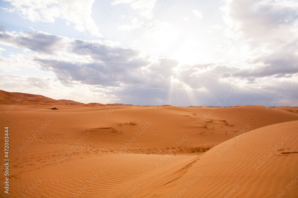 Dry landscape and dunes in the Sahara desert, Morocco