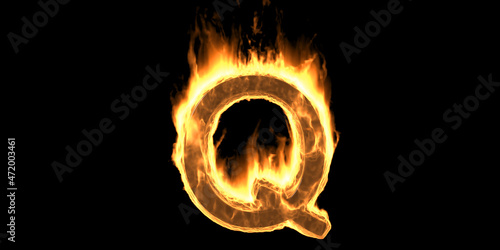 Fire alphabet letter Q burning flame. Hot fiery font glowing, black background. 3d illustration