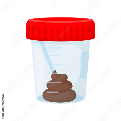 Stool analysis. Plastic container for a stool sample isolated on a white background. Vector illustration in cartoon style