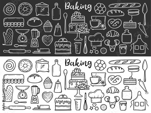 MobileInsulated baking set. Cute hand drawn kitchen utensils and baked goods with desserts. vector illustration in white and black outline