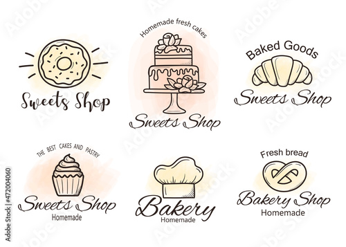 set of simple feminine bakery and pastry shop logo design