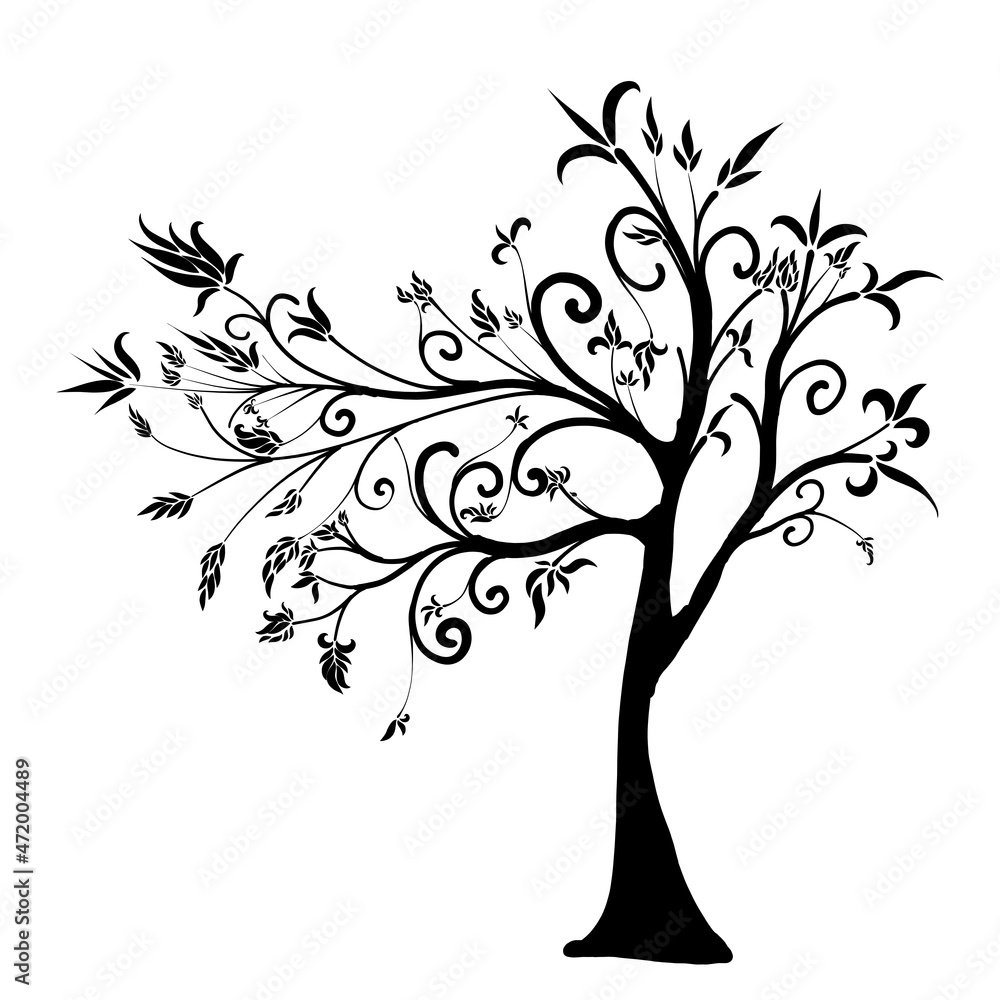 Obraz premium creative tree with curls and curved branches and pointed leaves, black silhouette