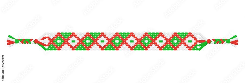 Fototapeta premium Vector Christmas handmade hippie friendship bracelet of green, red and white threads.