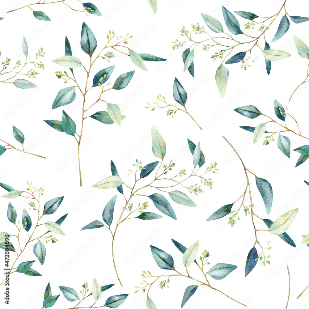 Watercolor botanical seamless wallpaper with eucalyptus branches. Evergreen repeating texture isolated on white background. Pattern for wrapping paper, print or fabric