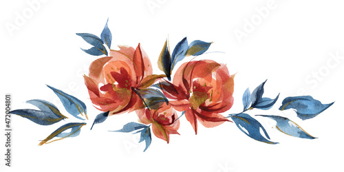 Blue and orange roses floral garland vignette in folk cottege trend