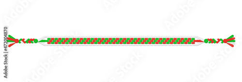 Vector Christmas handmade hippie striped friendship bracelet of whire, red and green threads.
