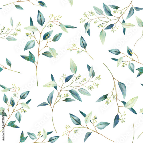 Watercolor botanical seamless wallpaper with eucalyptus branches. Evergreen repeating texture isolated on white background. Pattern for wrapping paper  print or fabric