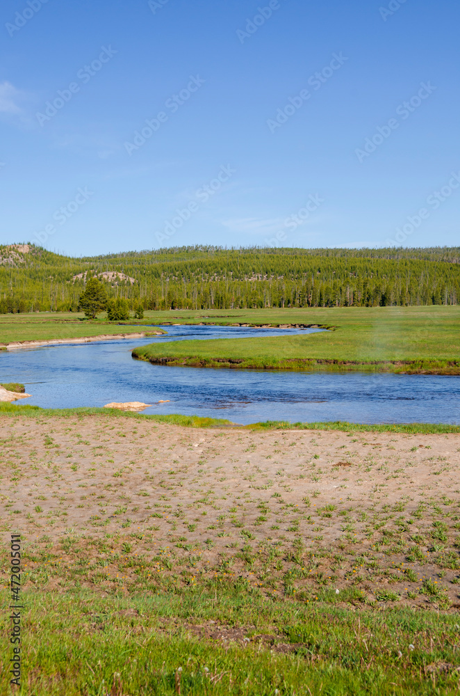 trees, river, Geyser and hot spring in old faithful basin in Yellowstone National Park in Wyoming trees, river, Geyser and hot spring in old faithful basin in Yellowstone National Park in Wyoming