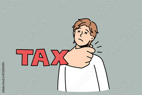 Stressed man get suppressed by tax payments suffer from financial burden. Unhappy anxious male have finance problems. Debt and bankruptcy concept. Banking issues. Vector illustration. 