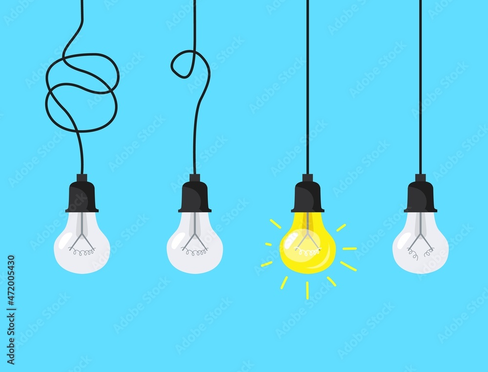 New idea banner. Background illustration of simplifying complex process, bright and dimly electric lightbulb, concept of mind, thinking and understanding, neat vector design New idea banner. Background illustration of simplifying complex process, bright and dimly electric lightbulb, concept of mind, thinking and understanding, neat vector design