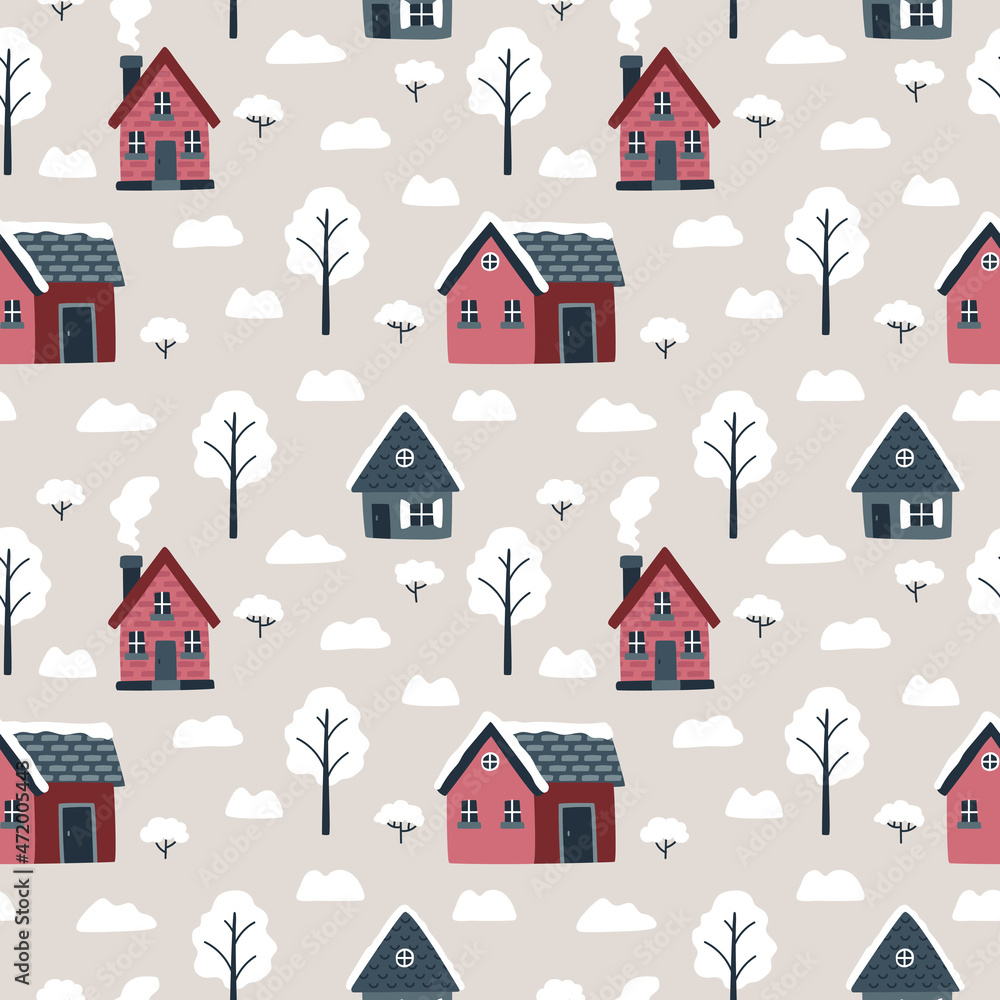 Winter landscape. Vector seamless pattern with cozy houses, spruces, shrubs. Christmas holidays. Northern village. Hand drawn illustration. Scandinavian style.