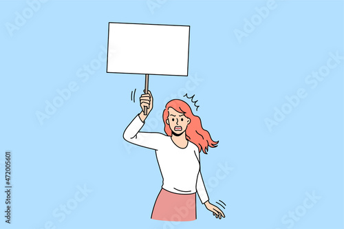 Confident woman activist with placard in hands protest against gender discrimination on street. Determined female volunteer march for equal rights. Freedom of speech. Flat vector illustration. 