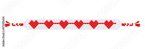 Vector love handmade hippie friendship bracelet of red and white threads.