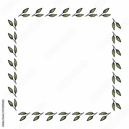 Square frame with intresting green branches on white background. Vector image.