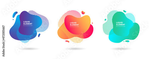 A collection of dynamic gradient graphic elements in a modern style. Banner with flowing liquid shape. Logos, flyers, presentations, cards, invitation templates. Vector illustrations.