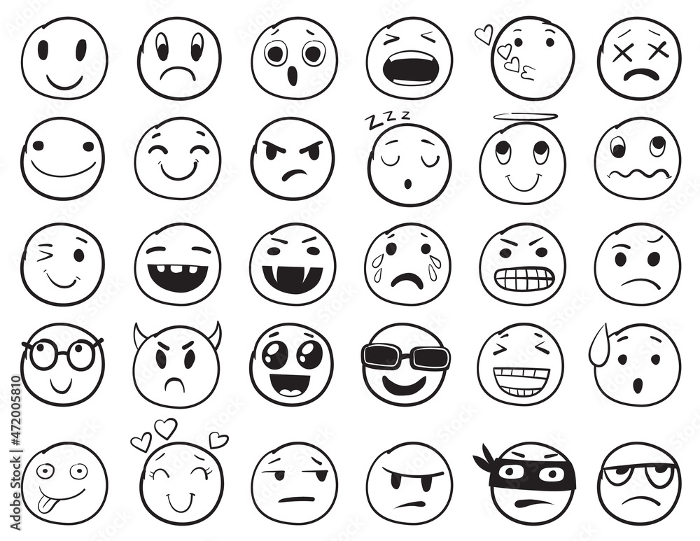 Doodle emoji set. Doodles image pictograms, Smile emotion funny faces, happy fun emoticon line icons, sad hand drawn, neat outline isolated vector illustration Doodle emoji set. Doodles image pictograms, Smile emotion funny faces, happy fun emoticon line icons, sad hand drawn, neat outline isolated vector illustration