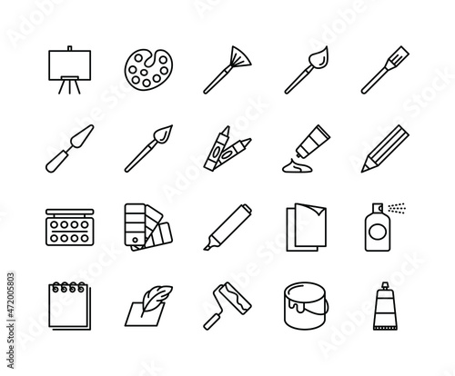 Art materials flat line icons set. Painting and Writing Tools - Brushes, Spray, Color palette, Paint Bucket and more. Simple flat vector illustration for web site or mobile app