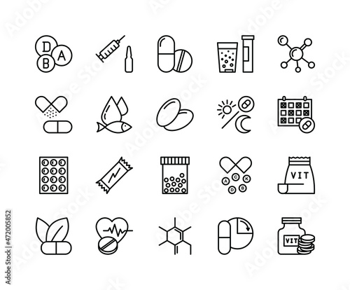 Vitamin nutrition flat line icons set. Healthy food supplement - Vitamin, Mineral supplement, Pill, Bottle, health food. Simple flat vector illustration for web site or mobile app