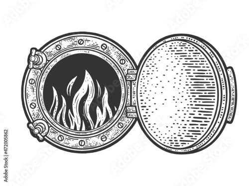 Train firebox with fire flame sketch engraving vector illustration. T-shirt apparel print design. Scratch board imitation. Black and white hand drawn image.