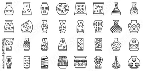 An amphora for interior decoration. A vase with an ornament for flowers or ikebana. Ceramic vases with a design. A set of vector icons, outline, isolated.