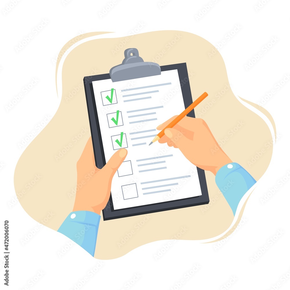 Hands holding checklist. Clipboard with paper list, hand tick pen checkmarks, checkboxes notes in test document, questionnaire survey form, assessment sheet Hands holding checklist. Clipboard with paper list, hand tick pen checkmarks, checkboxes notes in test document, questionnaire survey form, assessment sheet