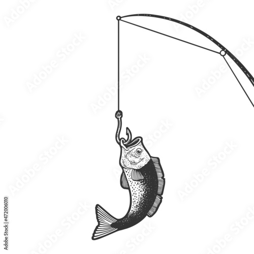 fish caught on fishing rod sketch engraving vector illustration. T-shirt apparel print design. Scratch board imitation. Black and white hand drawn image.
