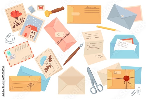 Handmade envelope letter. Invitation letters various paper envelopes with mail postmarks postcards, receiving delivery document