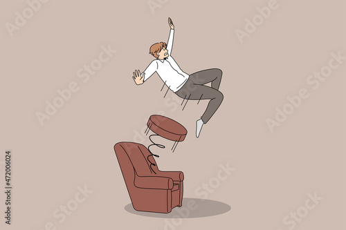 Male employee pushed out from chair with spring. Man worker dismissed fired from job in company or corporation. Firing and dismissal concept. Unemployment. Flat vector illustration. 