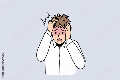 Anxious young man feel distressed worried suffer from panic attack or anxiety. Unhappy unwell guy struggle with depression or mental problems. Psychological instability concept. Vector illustration. 