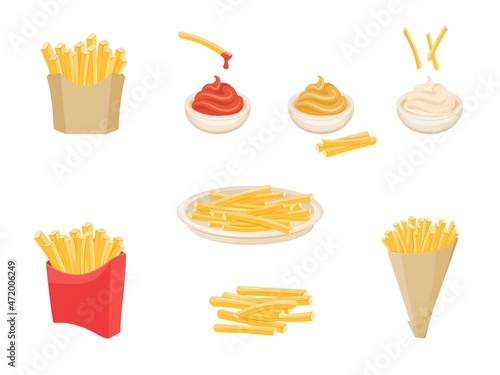 French fries in box. Fried potatoes, potato chips on plate and paper cone, fast food red cardboard, dipping sauce ketchup, mayonnaise and mustard, cartoon set exact vector