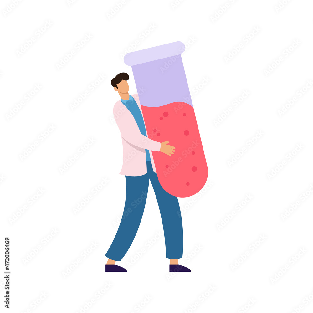 A male scientist carries a heavy test tube of liquid. Science lab people concept. Chemistry, biology, medical laboratory research character. Analyses, tests. Isolated vector stock illustration A male scientist carries a heavy test tube of liquid. Science lab people concept. Chemistry, biology, medical laboratory research character. Analyses, tests. Isolated vector stock illustration