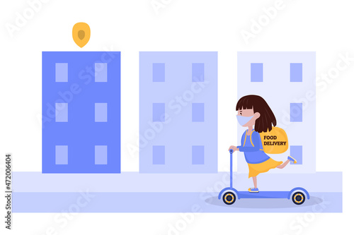 A girl rides a scooter around the city delivering food. Vector illustration.