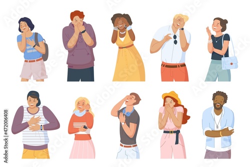 Giggle people. Laughing stand man and woman, adult laughing, cartoon funny character, loud joke, person lol, set swanky vector illustration