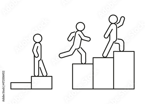 Progress skill worker, climbing stairs with obstacles, raising level in business, line art. Different levels of life on ladder. Achievement and success. Difficult path to goal. Vector illustration