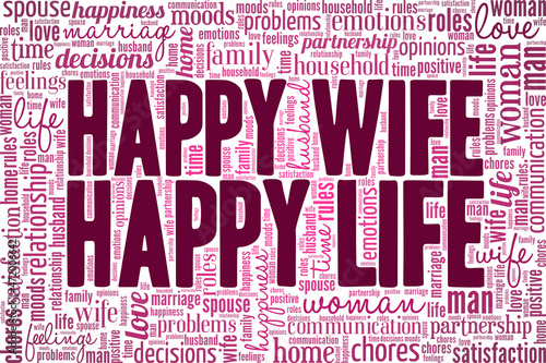 Happy Wife Happy Life vector illustration word cloud isolated on white background.