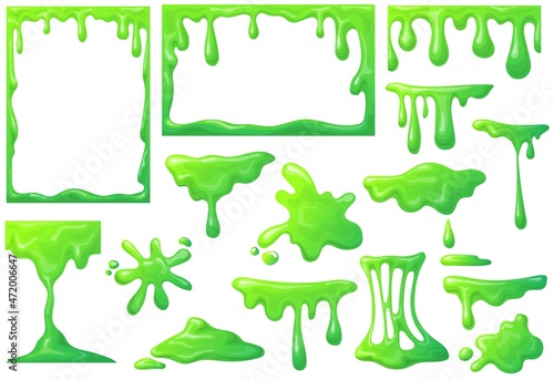 Slime frame. Cartoon mucus green goo drip sticky slimy mucus, liquid splash splatter, viscous snot, blob poison, splodge glow glue jelly, neat vector icon