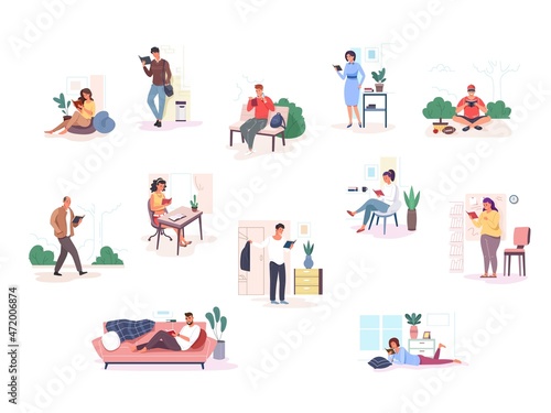 Book lovers people. Students read book, student reader books, person study, girl reading in library, man and woman home literature hobby
