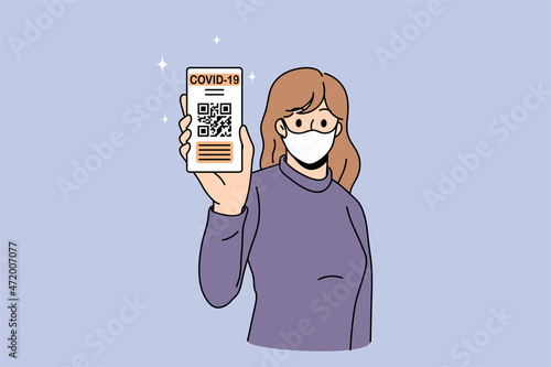 Young woman in facemask hold smartphone show immunity passport on screen. Female client in facial mask demonstrate covid-19 vaccination certificate on cellphone. Corona virus. Vector illustration. 