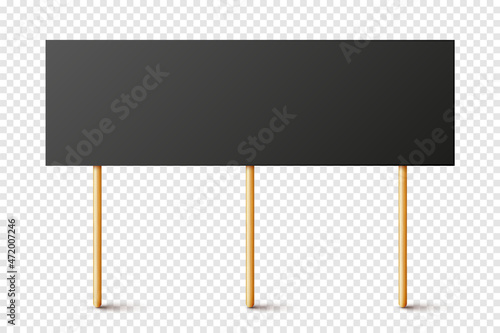 Blank black protest sign with wooden holder. Realistic vector demonstration banner. Strike action cardboard placard mockup.