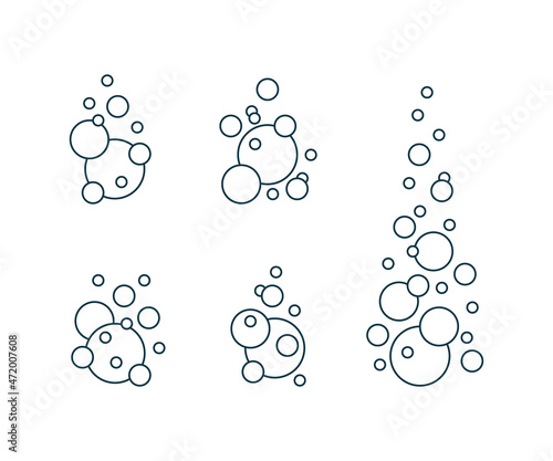 Different types of circle bubbles set, fizzy oxygen line. Balls set. Bubbles in carbonated drink. Foam in bathroom. Vector illustration