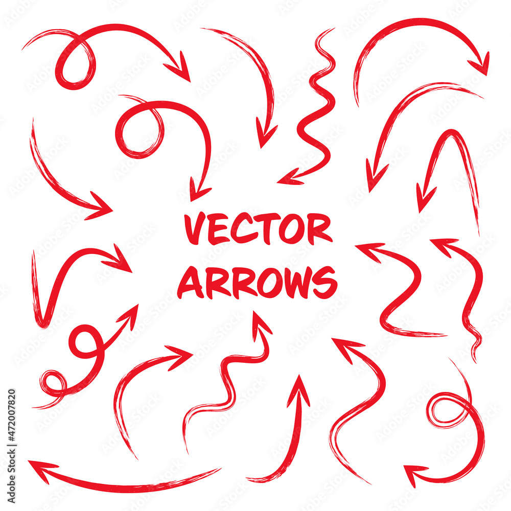 Red grunge hand drawn arrows isolated on white background. Doodle arrow, zigzag and round pointers. Handmade sketches of direction symbols. Vector illustration. Red grunge hand drawn arrows isolated on white background. Doodle arrow, zigzag and round pointers. Handmade sketches of direction symbols. Vector illustration.