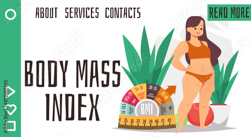 Body mass index indicator with overweight woman, landing page template - flat vector illustration.