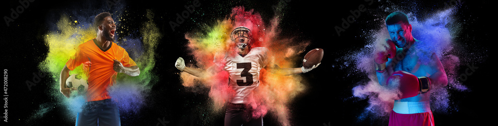 Collage with professional football players and boxer posing in explosion of paints and colorful powder. Sport, fashion, show concept