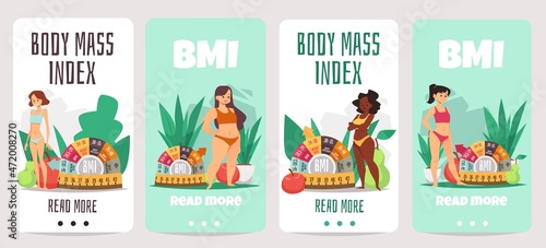 Diverse women with different body mass index, onboarding screens template - flat vector illustration.