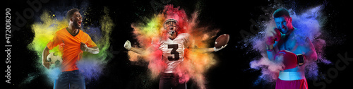 Collage with professional football players and boxer posing in explosion of paints and colorful powder. Sport, fashion, show concept © master1305