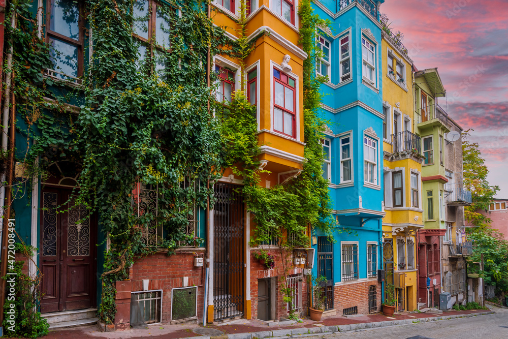 Fototapeta premium Balat district street view in Istanbul. Balat is popular tourist attraction in Istanbul, Turkey.