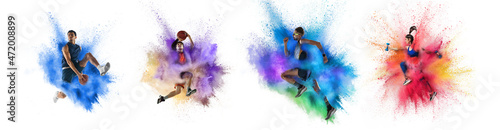 Fototapeta Collage made of portraits of fit men and woman in action, motion in explosion of paints and colorful powder. Sport, fashion, show concept