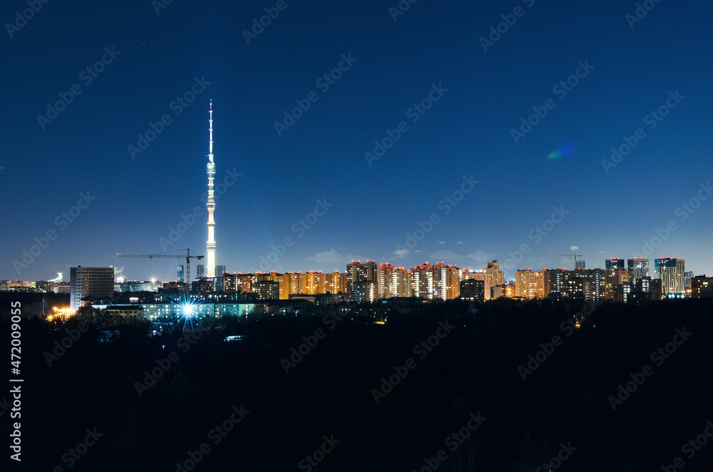 RUSSIA, MOSCOW: Scenic night landscape view of the city garden with Ostankino tower