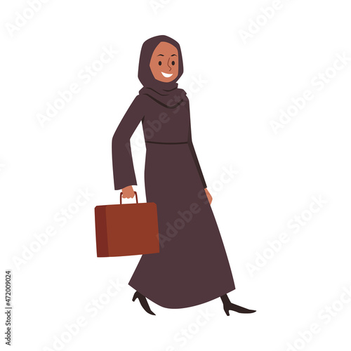 Happy business woman with hijab and briefcase, flat vector illustration isolated on white background.
