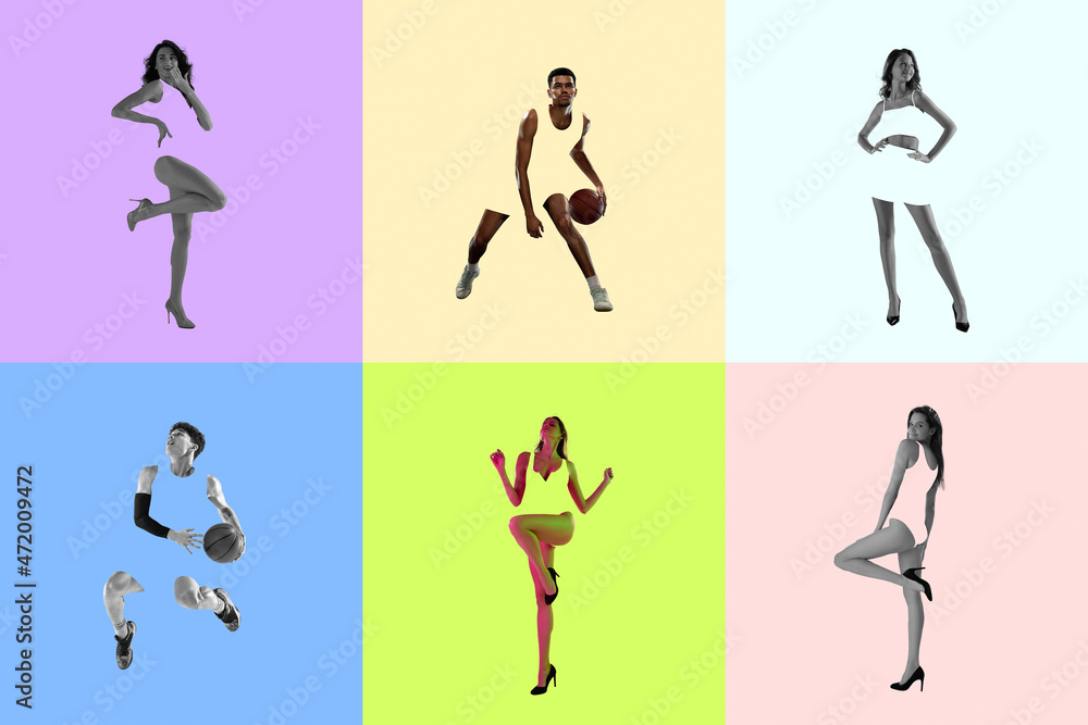 Modern design, contemporary art collage. Inspiration, idea, trendy magazine style. Sport. Set of images of athletes and fashion models on colored background.